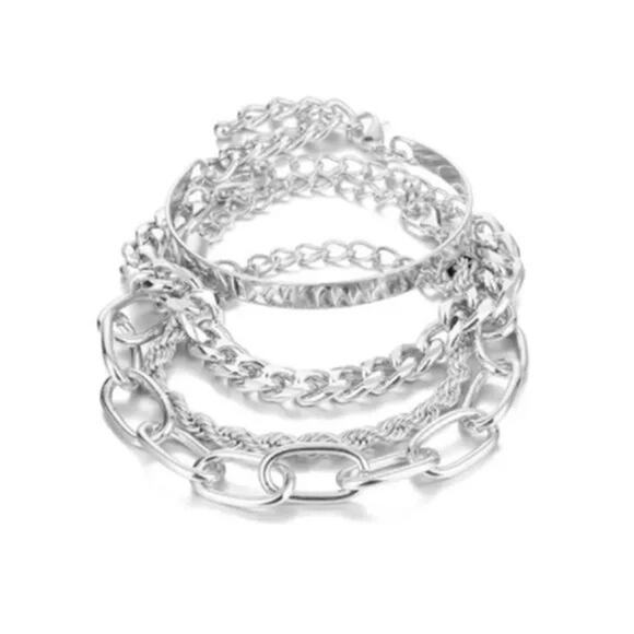 Stack of 4 silver bracelets chain chunky - Picture 2 of 2